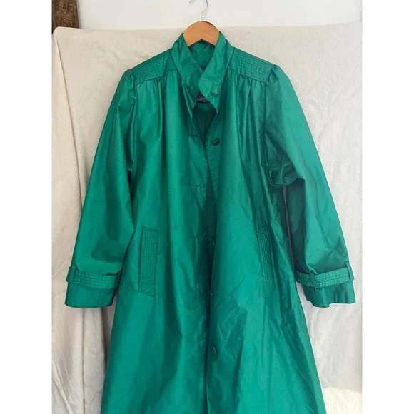 Windsor Bay Vintage Emerald Green Raincoat Long Trench Coat Womens Size 10 - Picture 5 of 16